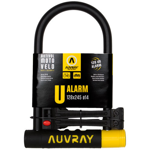 Antivol U avec alarme – 128 x 245 mm Ø14 mm – Avec support cadre et 3 clés fraisées