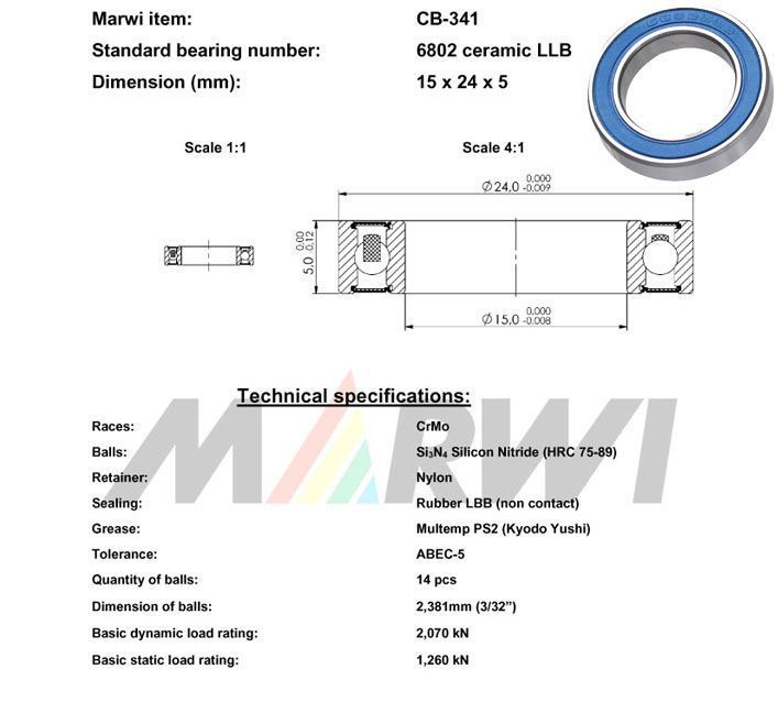 Roulement céramique CB341 (CB-341) 6802 LLB – 15x24x5mm – Ultra fluide et résistant pour vélo