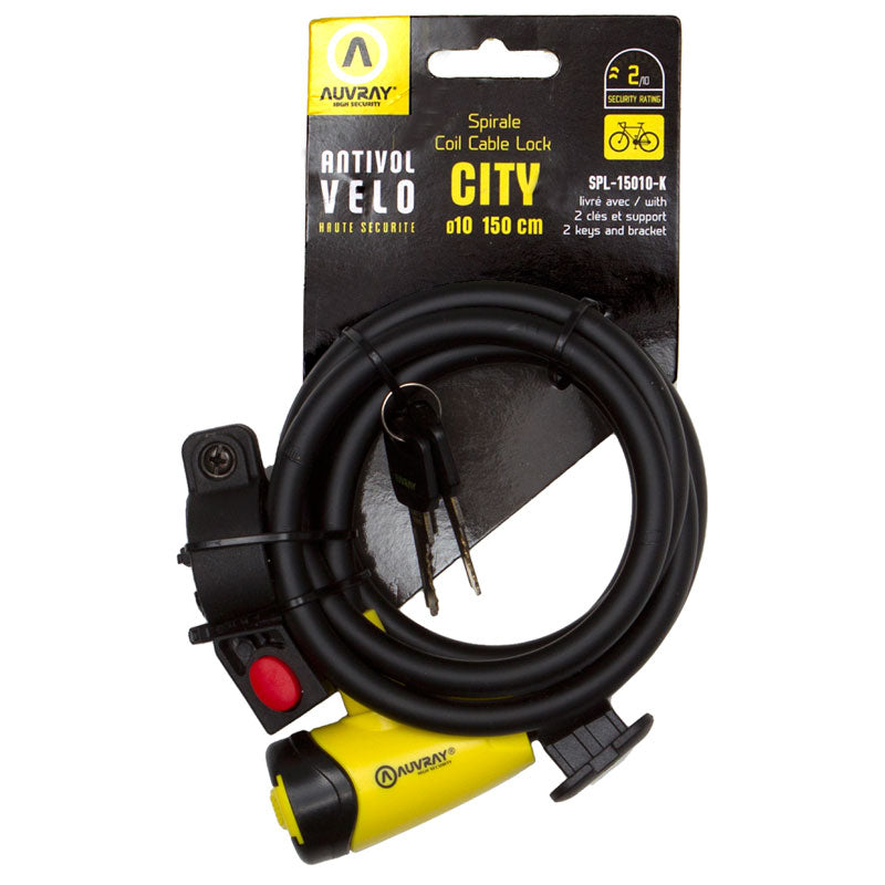 Antivol vélo spirale Auvray City – câble tressé Ø10 mm x 150 cm avec 2 clés fraisées