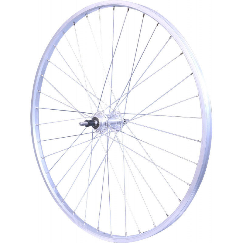Photo de Roue arrière 28" VTC Velox (700C) – Jante alu simple paroi argent, frein patin, moyeu à écrous, roue libre 5/6/7 vitesses par VELOX