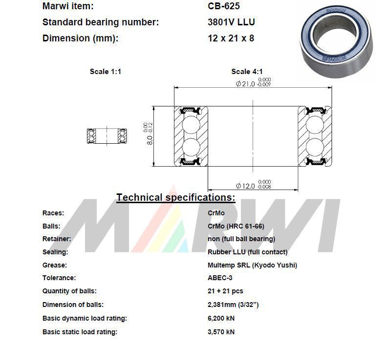 Roulement MAX CB625 (CB-625) 3801V LLU – 12x21x8mm – Double rangée, ultra résistant pour suspension VTT