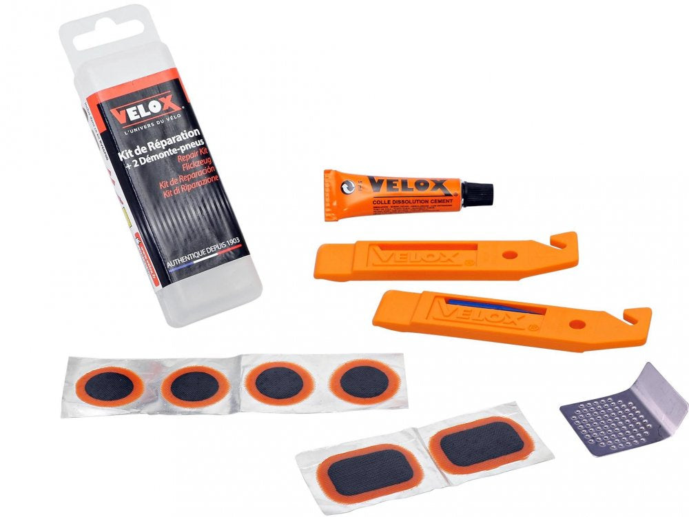 Kit de réparation vélo Trekking/VTT Velox – Avec démonte-pneus, rustines et colle