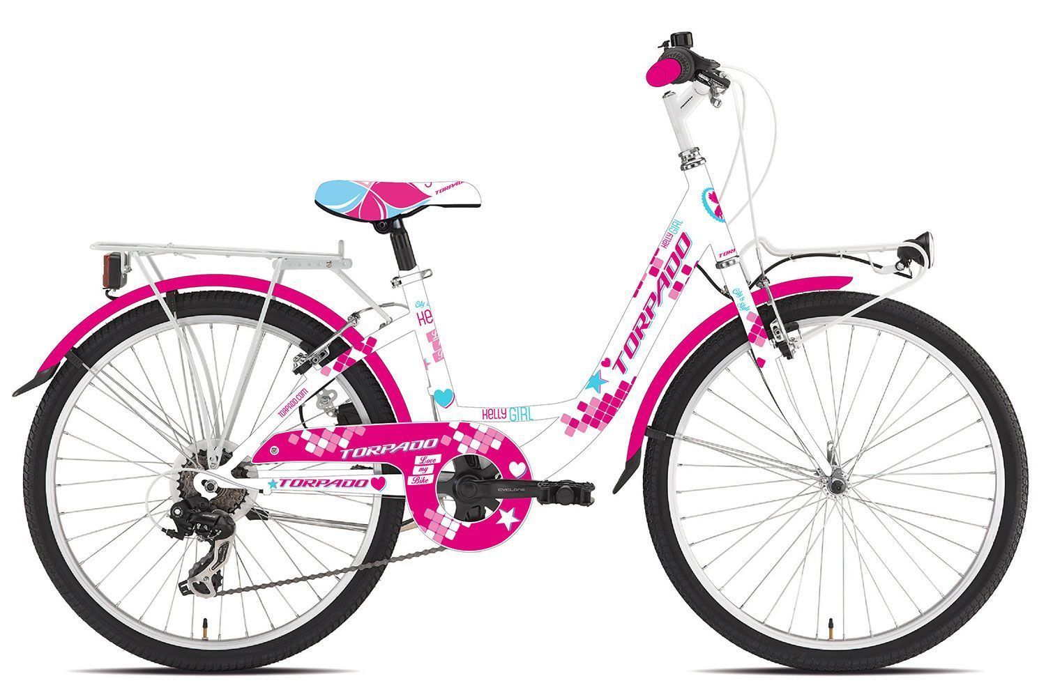 Vélo enfant 24 pouces Torpado KELLY – 6 vitesses – Rose et blanc – Idéal 8 à 12 ans