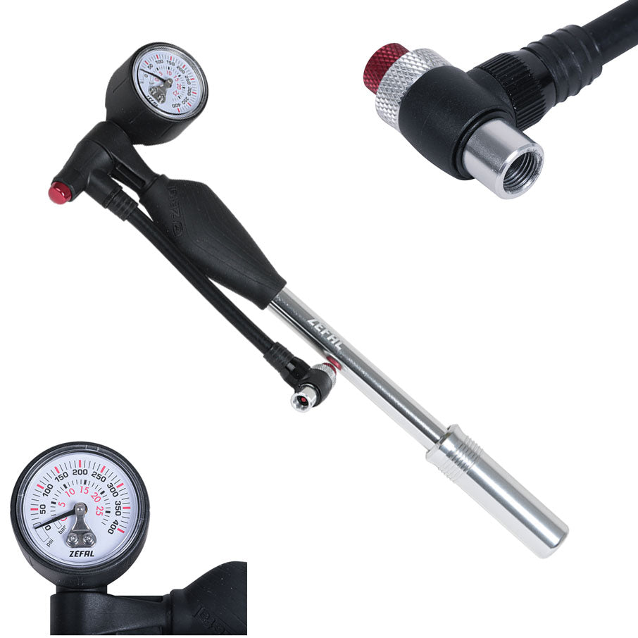 Pompe haute pression Zefal Z-Shock – Fourche & amortisseur – 25 bar – Aluminium – Manomètre intégré