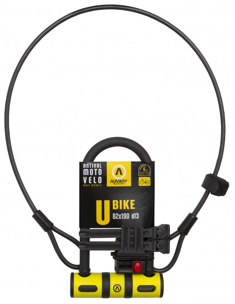 Antivol U vélo Auvray Ubike – 82 x 147 mm Ø13 mm – Avec support et câble Ø8 mm x 100 cm