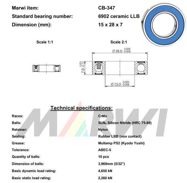 Roulement céramique CB347 (CB-347) 6902 LLB – 15x28x7mm – Haute performance vélo