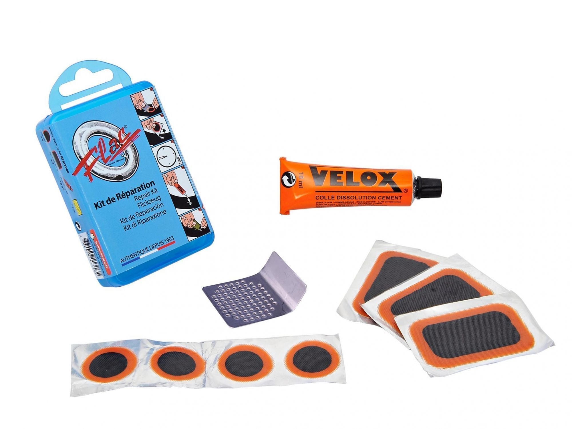 Kit de réparation vélo FLAC Trekking/VTT – Rustines, colle et accessoires pour chambres à air
