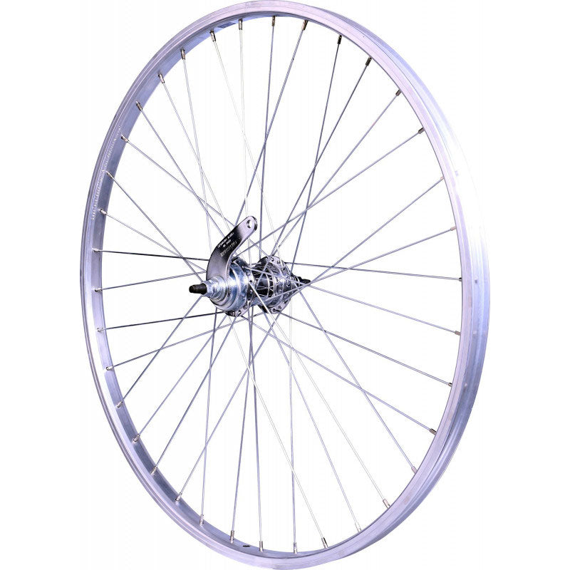 ROUE 20" RETROPEDALAGE ARRIERE JANTE ALU SIMPLE PAROI ARGENT FREIN PATIN MOYEU ALU ECROUS PIGNON 1V