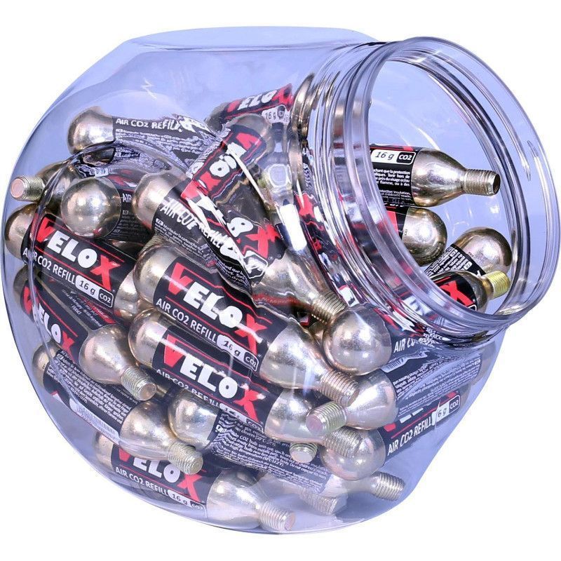 Jarre de 40 cartouches CO2 filetées 16g VELOX – Gonflage rapide pour vélo route, VTT, gravel