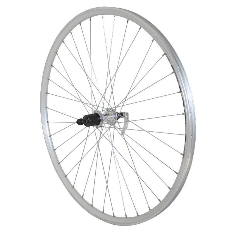 ROUE 28" VTC ARRIERE JANTE ALU DOUBLE PAROI ARGENT FREIN PATIN MOYEU ALU BLOCAGE RAPIDE CASSETTE 8/9V