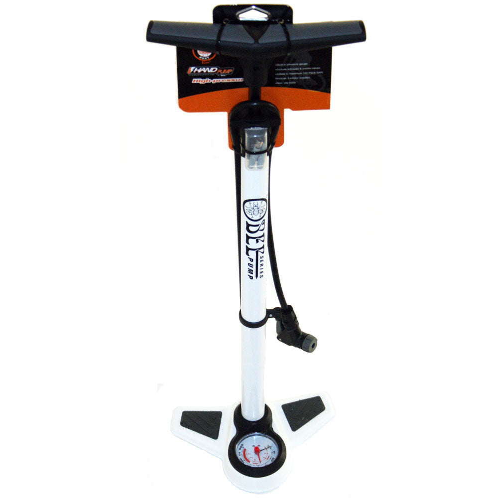 Photo de Pompe à pied vélo – Corps métal avec manomètre – Blanche – Compatible Presta & Schrader – Pression 12 bar par SELECTION LOUDET