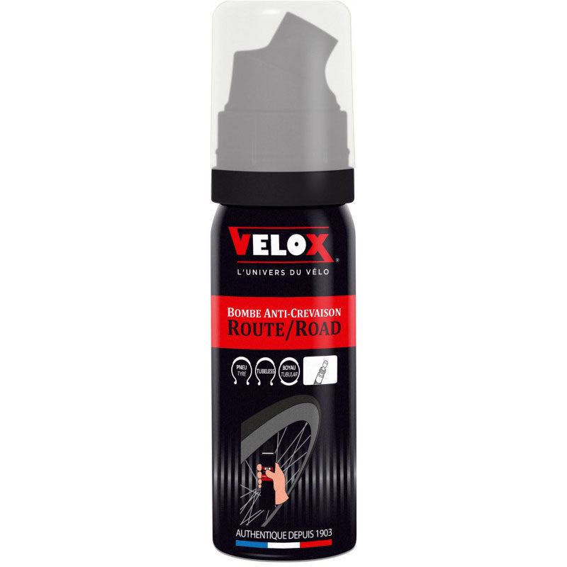 Bombe anti-crevaison vélo route Velox 50 ml – Valve Presta, répare et regonfle chambres à air