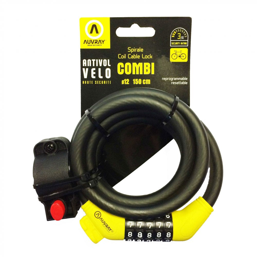 Antivol spirale Auvray Combi Chiffre – Ø12 mm x 150 cm – Code 5 chiffres programmable – Noir mat