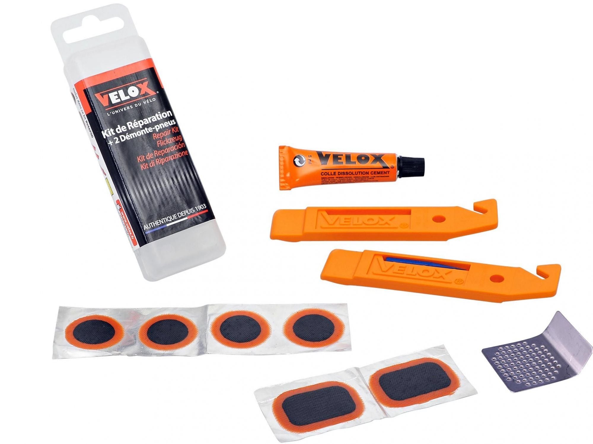 Kit de réparation vélo Trekking/VTT Velox – Avec démonte-pneus, rustines et colle