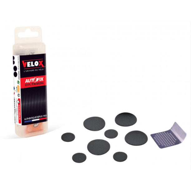 Kit rustines autocollantes Velox City/Trekking – 8 pièces + mini-râpe, réparation rapide sans colle