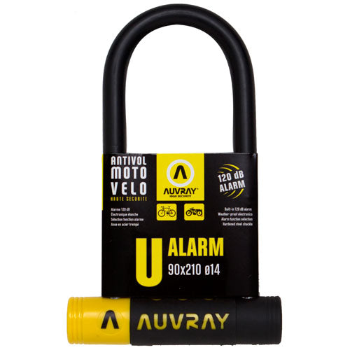 Antivol U avec alarme – 90 x 210 mm Ø14 mm – Avec support cadre et 3 clés fraisées