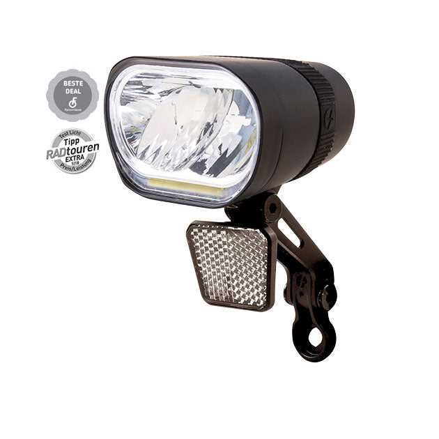 Éclairage vélo avant AXENDO 60 – 60 Lux – Dynamo – Support aluminium + réflecteur