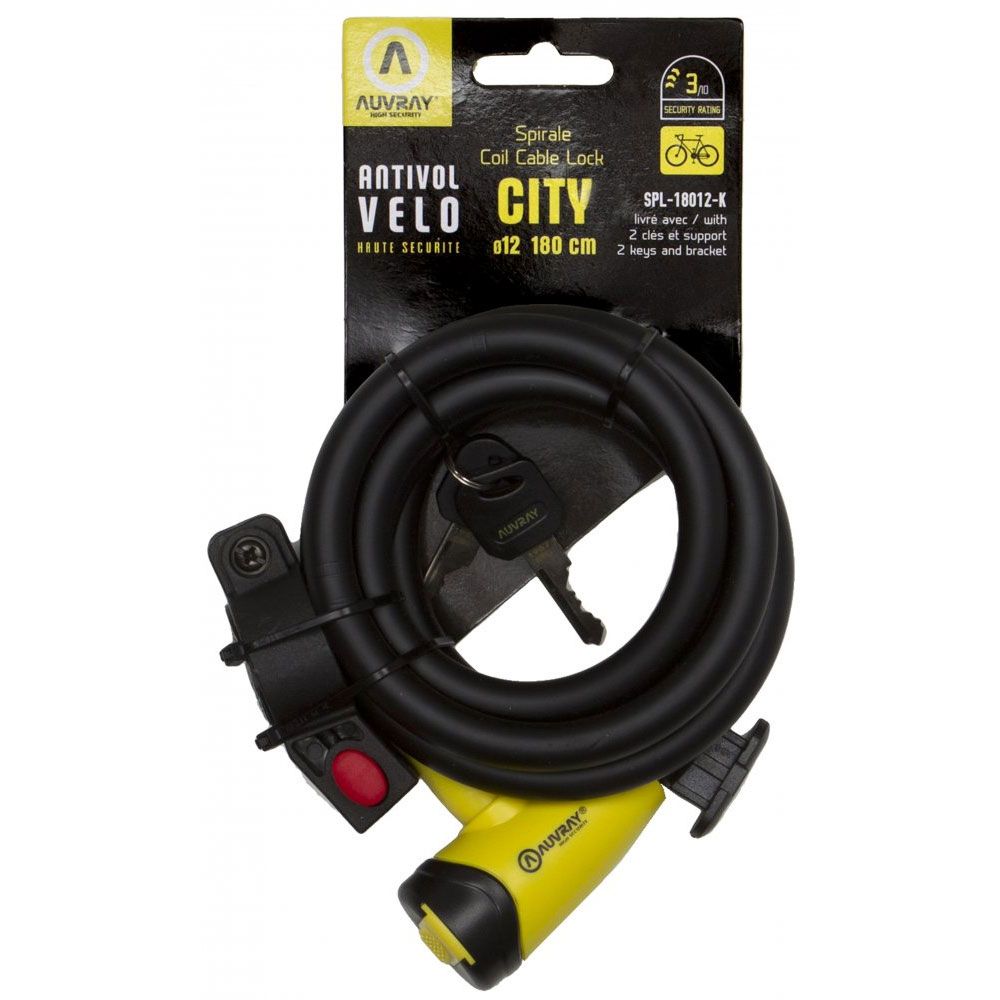 Antivol spirale Auvray City – Ø12 mm x 180 cm – Avec 2 clés – Câble tressé haute résistance
