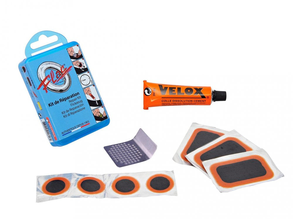 Kit de réparation vélo FLAC Trekking/VTT – Rustines, colle et accessoires pour chambres à air
