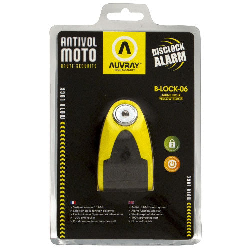 Photo de Antivol bloc-disque avec alarme Auvray B-LOCK-06 – Jaune/Noir – Ø6 mm – Spécial scooter et petites cylindrées par AUVRAY