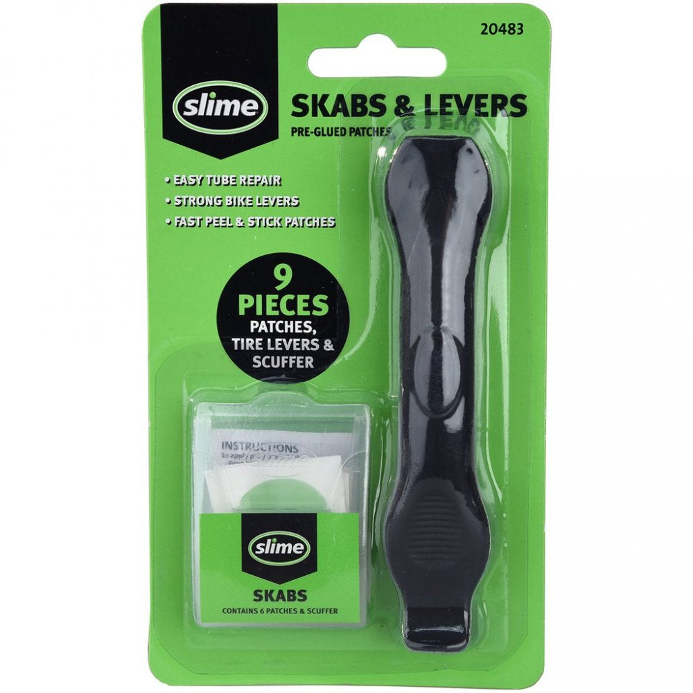 Kit de réparation Slime avec 6 patchs autocollants SKABS + démonte-pneus – Réparation rapide sans colle