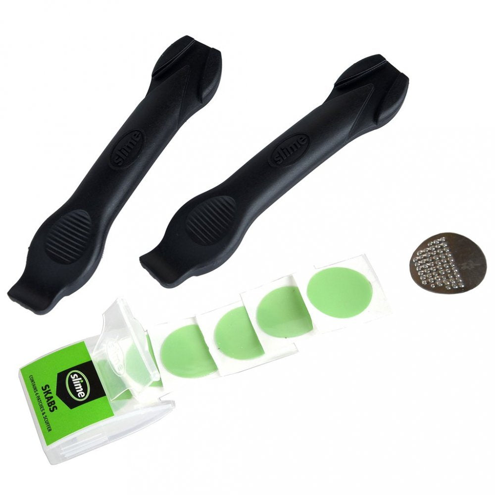 Kit de réparation Slime avec 6 patchs autocollants SKABS + démonte-pneus – Réparation rapide sans colle