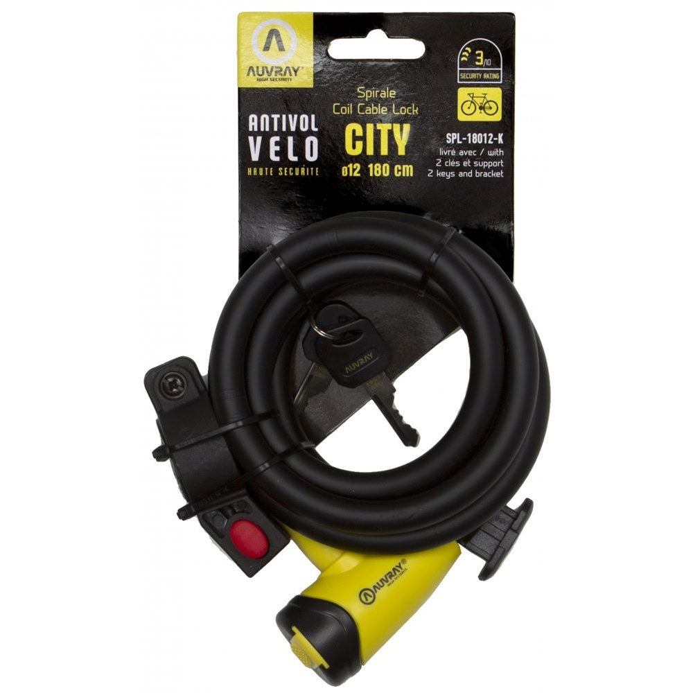 Antivol spirale Auvray City – Ø12 mm x 180 cm – Avec 2 clés – Câble tressé haute résistance